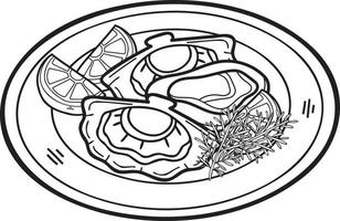 huîtres dessinées à la main sur une illustration de plaque dans un style doodle vecteur
