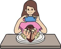 femme dessinée à la main prenant une photo d'illustration de dessert dans un style doodle vecteur