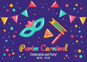 annonce du carnaval de vacances de purim avec masque amusant, doux hamantaschen et pouf, drapeaux et confettis sur fond violet, salutation, invitation à une fête juive. vecteur