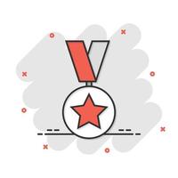 icône de la médaille dans le style comique. illustration vectorielle de signe de dessin animé de prix sur fond blanc isolé. concept d'entreprise d'effet d'éclaboussure de prix de trophée. vecteur