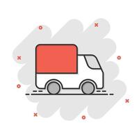 icône de camion de livraison dans le style comique. illustration de vecteur de dessin animé van sur fond isolé blanc. concept d'entreprise d'effet d'éclaboussure de voiture de fret.