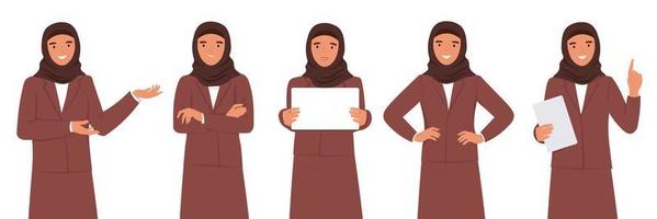 une jeune femme musulmane en hijab en costume d'affaires avec une tablette dans différentes poses enseigne, apporte des informations, réfléchit. graphiques plats vectoriels. vecteur