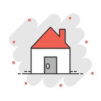icône de bâtiment dans le style comique. illustration de vecteur de dessin animé à la maison sur fond blanc isolé. concept d'entreprise d'effet d'éclaboussure de maison.