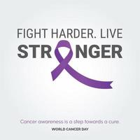 lutter plus fort. vivre une typographie de ruban plus forte. la sensibilisation au cancer est un pas vers la guérison - journée mondiale contre le cancer vecteur