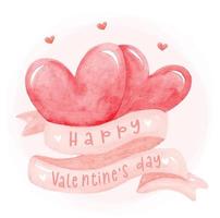 mignon aquarelle deux coeurs en ruban rose arc bannière étiquette carte de voeux happy valentine, illustration vectorielle peinture à la main vecteur