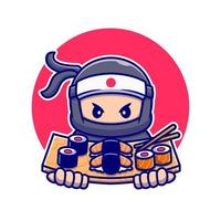 ninja mignon avec illustration d'icône de vecteur de dessin animé de sushi. concept d'icône de nourriture de personnes isolé vecteur premium. style de dessin animé plat