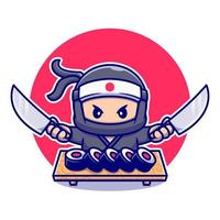 ninja mignon tenant un couteau avec illustration d'icône de vecteur de dessin animé de sushi. concept d'icône de nourriture de personnes isolé vecteur premium. style de dessin animé plat