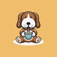 mignon chien saint valentin buvant une illustration de dessin animé de chocolat chaud vecteur