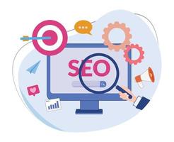 illustration de développeur seo masculin. illustration d'une main tenant une loupe et écrivant seo sur un ordinateur vecteur