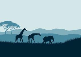paysage de savane africaine avec des silhouettes de girafe et d'éléphant vector illustration d'arrière-plan