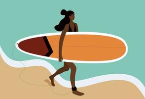 une fille afro-américaine surfe. jeune femme avec une planche de surf en pleine croissance sur fond de vagues. mode de vie portuaire. repos d'été. le concept de pouvoir féminin. surfeurs sur la plage. vecteur