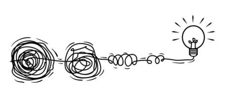 griffonnages de ligne de gribouillis. le concept de transition du compliqué au simple avec lampe à ampoule, isolé sur fond blanc. illustrations vectorielles vecteur