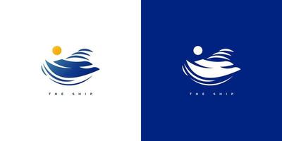 conception abstraite et élégante du logo du navire dans un style dégradé bleu. logo de yacht ou de croisière pour l'identité de marque de l'industrie du voyage ou du tourisme vecteur