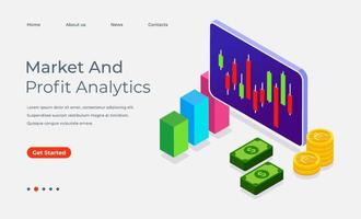page de destination isométrique d'analyse de marché et de profit avec graphique en chandeliers, graphique de croissance et argent vecteur