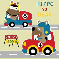 ours mignon et hippopotame sur voiture de course, illustration de dessin animé vectoriel