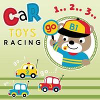 course de jouet de voiture avec ours mignon, illustration de dessin animé de vecteur