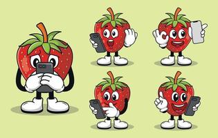 jolie mascotte de fraise avec divers types d'expressions vecteur