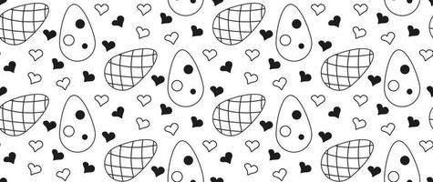 oeufs de pâques et coeurs de modèle sans couture. doodle illustration vectorielle géométrique noir et blanc. vecteur