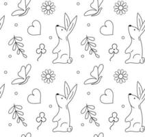 doodle oeufs de pâques à motif sans couture, lapin, fleurs, brindilles, papillons, coeurs. vecteur de griffonnage.