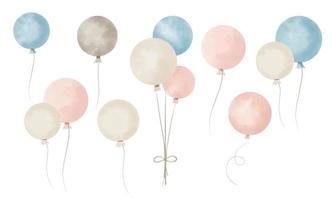 ensemble de ballons à air aquarelle dans de jolies couleurs pastel bleu et rose sur fond isolé. illustration dessinée à la main avec des ballons pour une fête d'enfant joyeux anniversaire. dessin pour cartes de vœux ou invitations vecteur