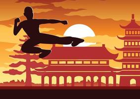 boxe chinoise kung fu art martial sport célèbre, deux boxeurs se battent ensemble autour d'un temple chinois, conception de silhouette au coucher du soleil vecteur