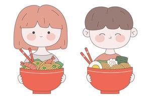 jolie fille avec une assiette de ramen. illustration de la cuisine japonaise kawaii. nouilles japonaises traditionnelles. nourriture asiatique. vecteur