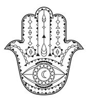 vecteur de main hamsa avec des symboles mystiques et ésotériques comme la pyramide, le mauvais œil. page de couleur indienne, tatouage, illustration au henné. art wicca, astrologique, occulte.