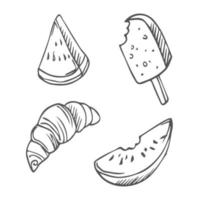 illustration vectorielle de jeu de nourriture de rue, doodle de dessin à la main. croissant, glace et tranche de pastèque vecteur