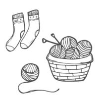 panier avec boules de laine, fil, aiguilles à tricoter et chaussettes tricotées. concept de tricot à la main. croquis illustration vectorielle vintage vecteur