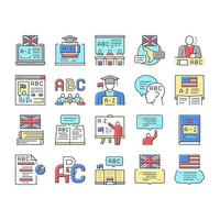 apprendre la langue anglaise à l'école icons set vector