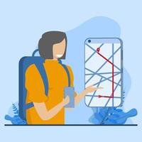 femme utilisant l'application de navigation pour trouver la destination, les voyages, le tourisme et les voyageurs, carte de voyage mobile, illustration de ton bleu de la technologie de navigation gps vecteur