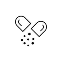 capsule avec icône de ligne isolée de granules. signe vectoriel pour les applications, les livres, les bannières, les publicités, les sites, les magasins, les magasins