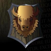 logo de la tête de bison sur le bouclier chevaleresque. vecteur