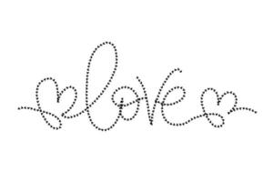 mot d'amour de lettrage vectoriel avec carte horizontale de coeurs. mot d'amour composé de petits coeurs dessinés de couleur noire. modèle de voeux minimaliste de la saint-valentin.