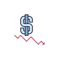 icône de couleur de récession et de dévaluation de vecteur de signe de flèche et de dollar