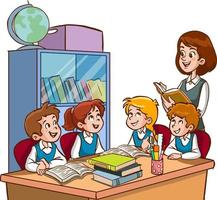 enseignant et élèves étudient dans le vecteur de dessin animé de classe