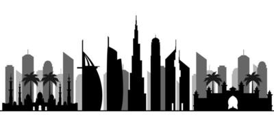 silhouette de dubaï. horizon des émirats. illustration vectorielle avec toutes les tours célèbres. silhouette de bâtiments gratte-ciel des émirats arabes unis. vecteur