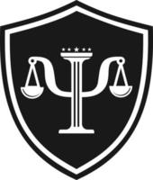 psychologie de la justice à l'échelle avec emblème de bouclier pour la conception du logo du bureau de la justice juridique et de la psychologie de la santé vecteur
