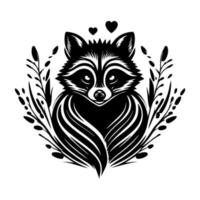 mignon raton laveur orné amoureux dans un fourré de forêt. élément de design pour t-shirt, affiche, carte, bannière, emblème, signe. illustration vectorielle isolée, noir et blanc. vecteur