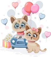 belle carte postale avec des chatons mignons, une voiture, un cadeau et des ballons vecteur