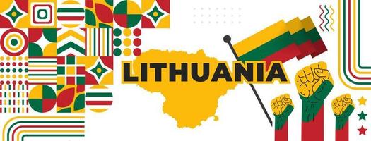 bannière de la fête nationale de lituanie avec carte, fond de thème de couleurs de drapeau et modèle de conception de couleur rouge, vert et jaune abstrait géométrique abstrait moderne. fond de la fête de l'indépendance de la lituanie. vecteur