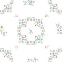 motif floral sans couture géométrique. cadre carré floral de branches, plantes, fleurs et bleuets sur fond blanc. illustration vectorielle dans un style plat. vecteur