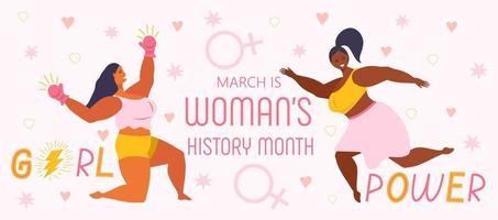 vecteur de concept de mois d'histoire de femme sur le style plat. l'événement est célébré en mars aux états-unis, au royaume-uni, en australie. illustration du pouvoir des filles et du féminisme pour le web, l'affiche, la bannière.