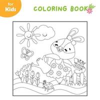 colorier et jouer. ballerine de lapin arrosant des fleurs. livre de coloriage simple pour les enfants, se préparer pour l'école, apprendre, s'amuser. développement de la motricité fine. puzzle, cahier d'activités, cahier d'exercices vecteur