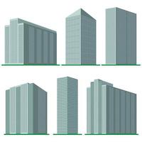 ensemble de six immeubles de grande hauteur modernes sur fond blanc. vue du bâtiment depuis le bas. illustration vectorielle isométrique. vecteur