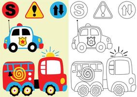 dessin vectoriel de camion de pompiers et voiture de police avec panneaux de signalisation, livre de coloriage ou page