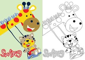 vecteur de dessin animé de girafe et de tigre jouant à la balançoire, livre de coloriage ou page