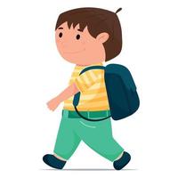 enfant écolier marchant avec un sac à dos scolaire. illustration de dessin animé isolé de vecteur. vecteur