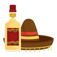 Chapeau mexicain avec bouteille de tequila sur fond blanc