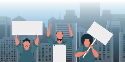 un groupe d'hommes proteste avec des banderoles à la main. le concept de grèves citoyennes. illustration vectorielle. vecteur
